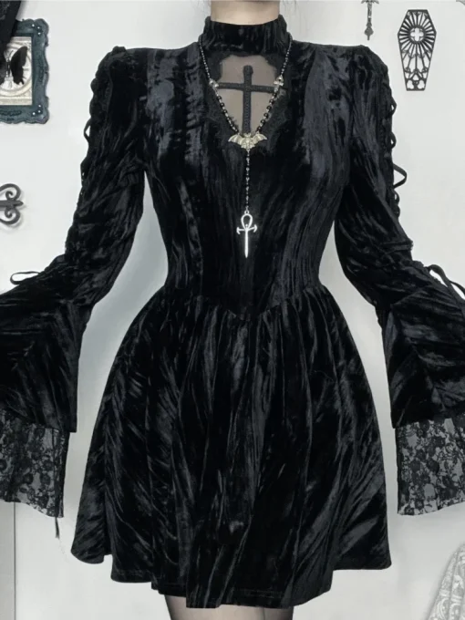 kf S278a7af5b1a8418a95be8bb2d7d959dbF Mall Goth Fairycore Gothic Dress Women Aesthetic Lace Patchwork Flare Sleeve High Waist Dress Halloween Dark