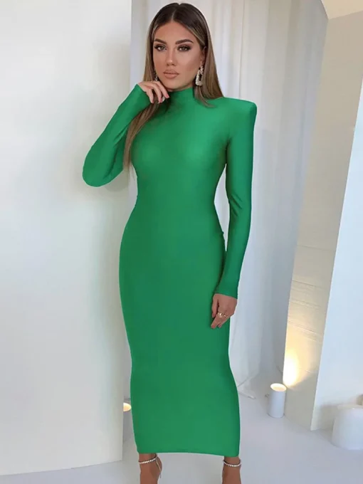 Elegant Green Bodycon Maxi Dress with Shoulder Pads - Party & Club Wear