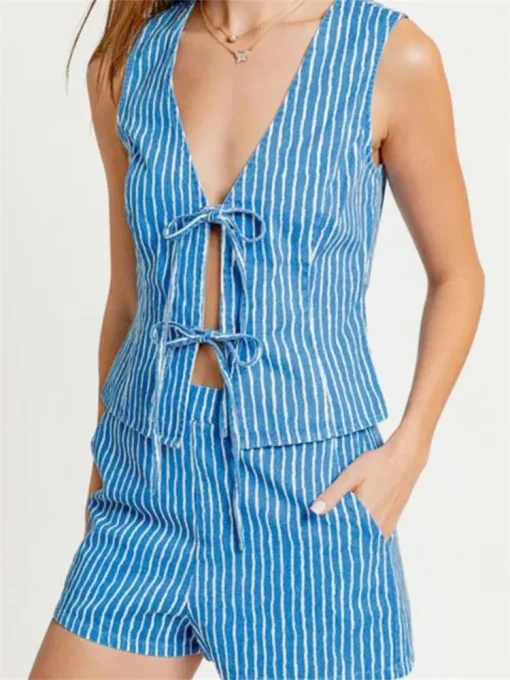 kf S27ce90524ba84636bc90dc226151eb896 Women s Fashion Striped Vest Sleeveless Deep V Neck Bow Tie Front Striped Vest Summer Chic