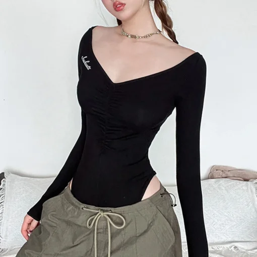 kf S288249e7d07c4a92aab6da6f0cd804b25 Mesh Backless Butterfly Print Y2k Bodysuits Mall Gothic V neck Ruched Bodycon T shirts Long Sleeve