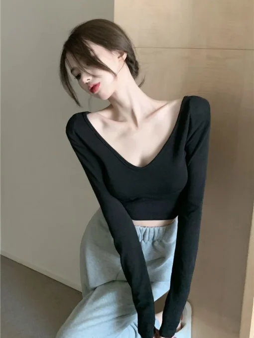 kf S28e9779d7a0d45fa84514282578b1b91n Sexy Long Sleeve Top Women s Clothing 2024 New Spring Autumn Basic V Neck T Shirt