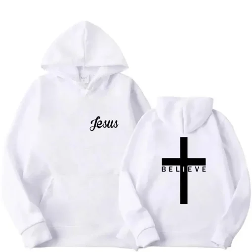 Men's "Believe" Cross Jesus Print Hoodie | Faith-Inspired Streetwear - Image 2