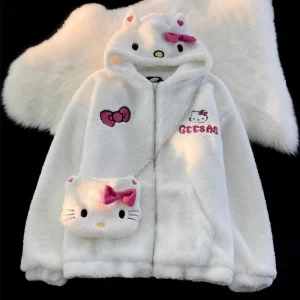 Original Sanrio Hello Kitty Lamb Wool Coat – Women’s Winter Warm Cotton Coat, Plush Thickened Casual Jacket for Students