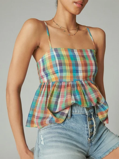 kf S2d1007a6ad164e2b95e774ef97d3effe5 Summer Women s 00s Fairycore Plaid Crop Camisole Fitted Square Neck Spaghetti Strap Ruffle Kawaii Harajuku