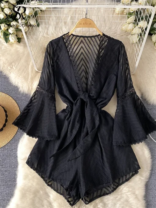 kf S2f33a532b20c4e9f88ec0dc16707c9b2I SINGREINY Women American Senior Mesh Jumpsuits 2024 Newest Flared Sleeves Lace up Loose Sheer Summer Chic