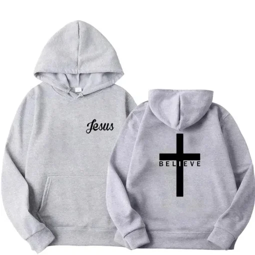 Men's "Believe" Cross Jesus Print Hoodie | Faith-Inspired Streetwear - Image 4