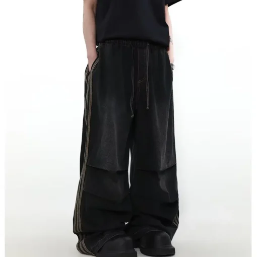 2024 Y2K Fashion Elastic Waist Striped Pleated Baggy Jeans for Men – Washed Black Wide Leg Trousers - Image 5