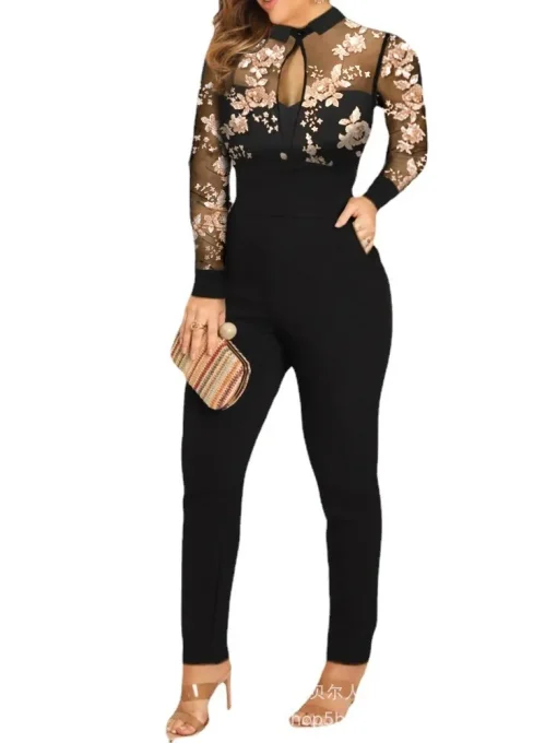 Women's Spring Autumn Long Sleeve Lace Printed Jumpsuit Pants - Image 5