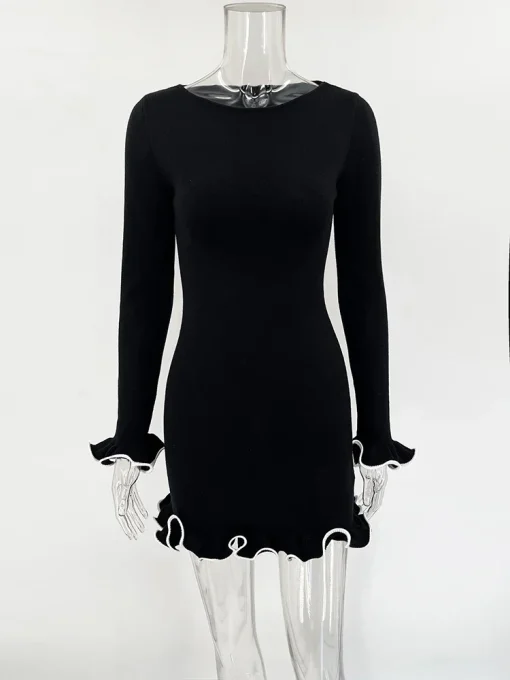 Elegant Knitted Mini Sweater Dress - Contrast Colors & Long Sleeves - Image 4