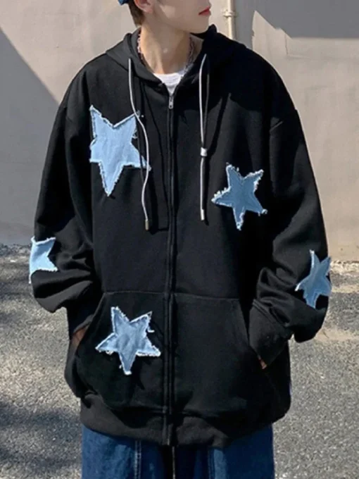 Women's Star Patch Zip Up Hoodie Oversized Y2k Sweatshirt - Image 6