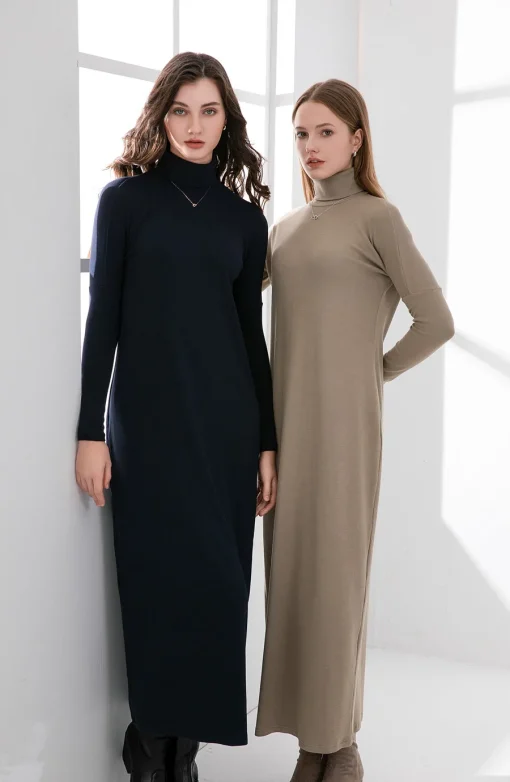 AS 2024 Winter Turtleneck Thicken Ribbing Dress – Soft & Comfortable Basic Turn-Down Collar Maxi Dress