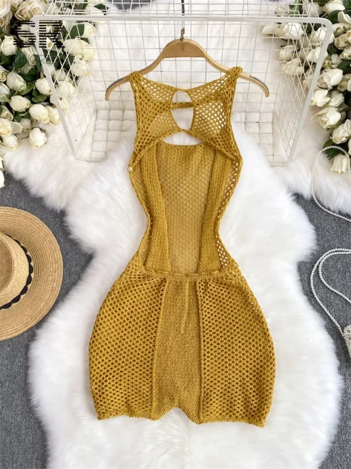 kf S369bcb7c11144b7b95999d5ad7e61b590 SINGREINY Yellow Sleeveless Jumpsuit Women Hollow Out O Neck Elegant Stretch Transparent Ladies Casual Summer Slim