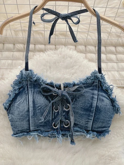 OIINAA Sexy Denim Bikini Set for Women – Lace-Up Drawstring Summer Beachwear, Vintage Two-Piece Swimsuit - Image 3