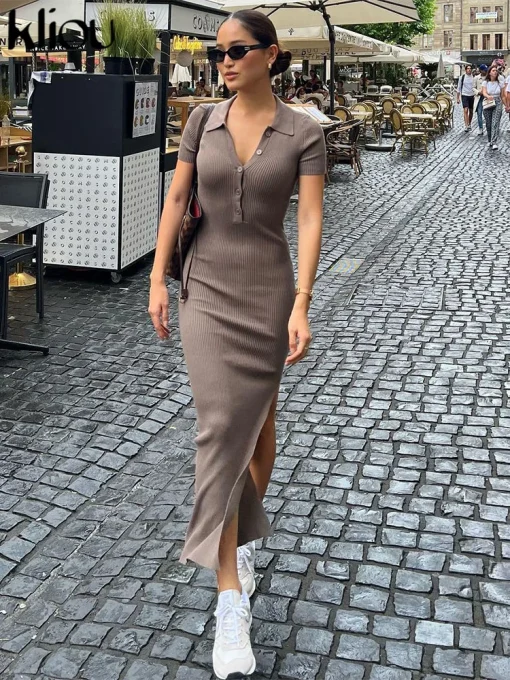 Elegant Office Lady Maxi Dress - Solid Turn-down Collar Short Sleeve Button Side Slit Body-Shaping Street Robe for Women