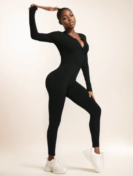 Women’s Sexy Ribbed Zipper Bodysuit – Long Sleeve Bodycon Jumpsuit for Fall/Winter