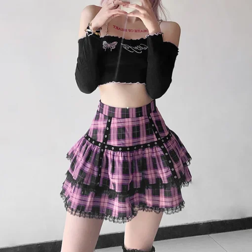 kf S39da22757bd44391b426e655b6632b599 Lolita Cake Mini Skirts Gothic Japanese Harajuku Girls Purple Pink Plaid Pleated Skirt Punk Sweet Lace