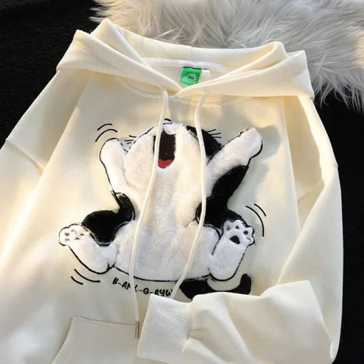 kf S3ae3fc1194654a2ba559973ea0a657aeb Japanese Kawaii Flock Embroidery Cartoon Cat Patchwork Hoodies Thicken Kangaroo Pocket Baggy Street Sweatshirt All Matching