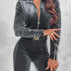 kf S3b08d974dcd44924b69fea7322892370H Velvet Zipper Design Jumpsuits for Women 2024 Elegant Ruched Long Sleeve Jumpsuit with Elastic Waistbelt Overalls