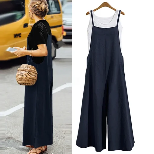 Women’s Cotton Linen Wide-Leg Jumpsuit – Sleeveless Casual Dungaree Overalls 5XL - Image 4