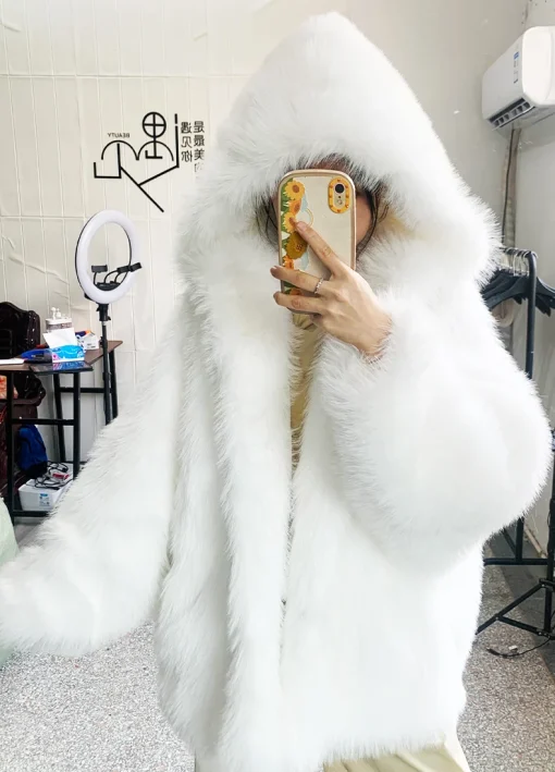 Nerazzurri Autumn Winter Oversized Faux Fur Coat | White & Black Shaggy Warm Jacket with Hood | Casual Loose Fluffy Outerwear for Women 2023