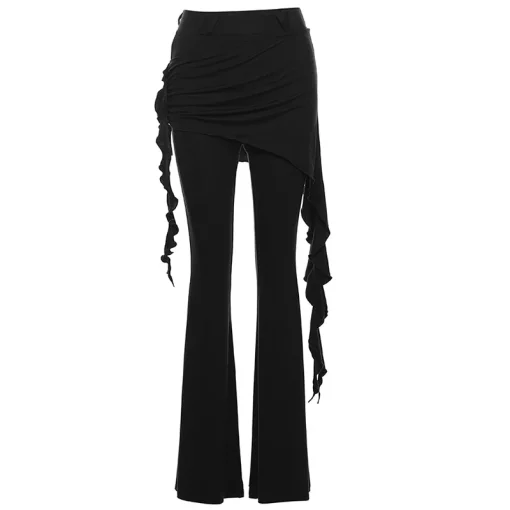 kf S3c01d454827044e8af79936b50540213s Casual Slim Folds Tie Flower Ruffles Flare Pants Casual Sexy Solid Mid Waisted Wide Leg Pants