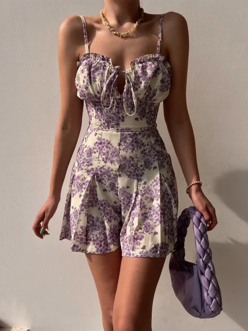 kf S3e572060c53f46428fd701d05053a46fG Casual Summer Jumpsuits Sexy Women Rompers Beach Bohemian Fashion Flower Print Sexy Bow V Neck Sleeveless