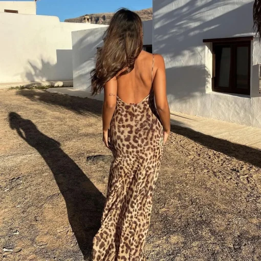 Sexy Vintage Leopard Print Tulle Long Dress | Backless Slip Maxi Dress for Women | Elegant Summer Party Gown - Image 2