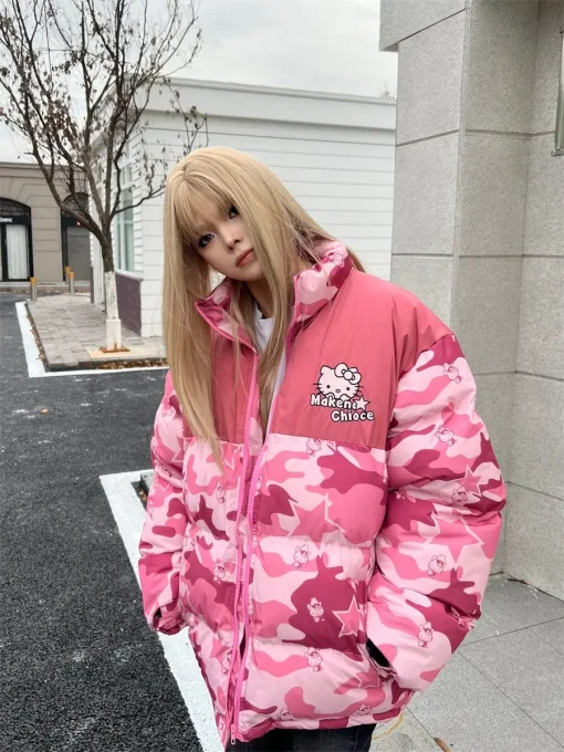 Hello Kitty Winter Cotton Padded Jacket – Y2K Sanrio Loose Jacket, Camouflage Trendy Coat, Couple Gifts - Image 3