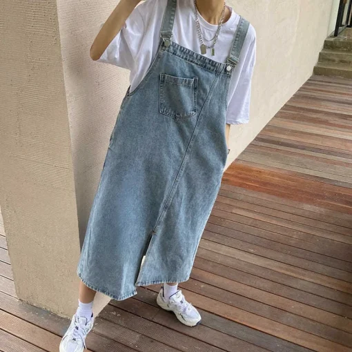 Women's Spring Summer Denim Overall Dress - Sleeveless Casual Loose Spaghetti Strap Maxi Dress with Pockets - Image 5