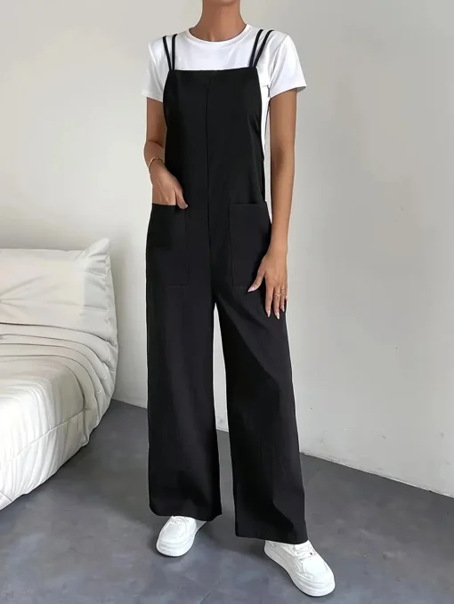 kf S3fbdc19e533349469b22d5971d5a3e45Q Fashion casual women s pure black jumpsuit pants with pockets shoulder straps thin straight leg workwear