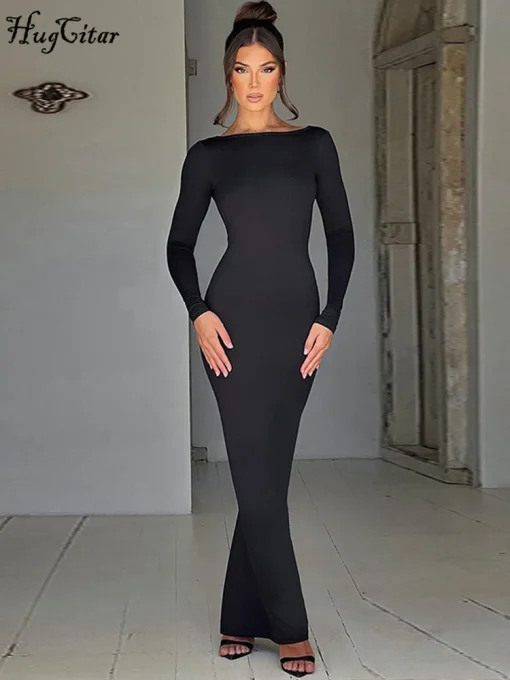 Hugcitar Spring Elegant Long Sleeve Backless Bodycon Maxi Dress – Sexy Pleated Evening Party Dress - Image 2