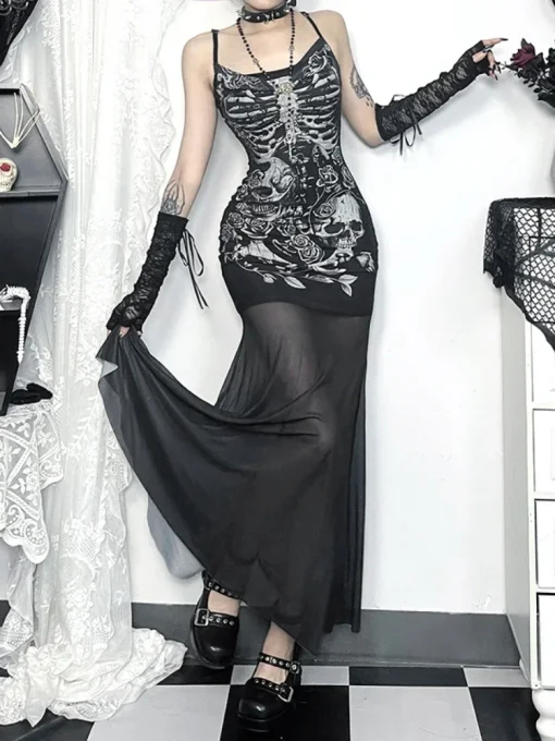 kf S40747231c7524f1a9ef4131f58af05f9D Halloween Style Spicy Girl Slimming Skeleton Printed Dress 2024 New Gothic Sleeveless Long Dress Party Robe