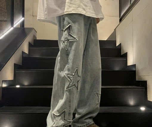 Men's Vintage Five-Pointed Star Wide-Leg Jeans – High-Waisted Streetwear