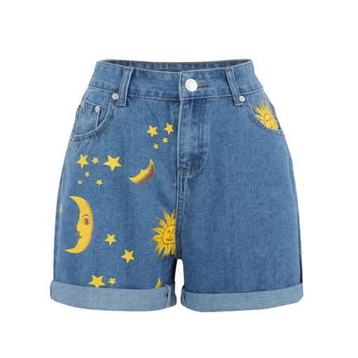 kf S424856e1bec54cb9a06f34a52e1e3069A Fashion Moon Sun Print Loose Fit Denim Shorts Summer New Women Streetwear Short Pants Ins Style