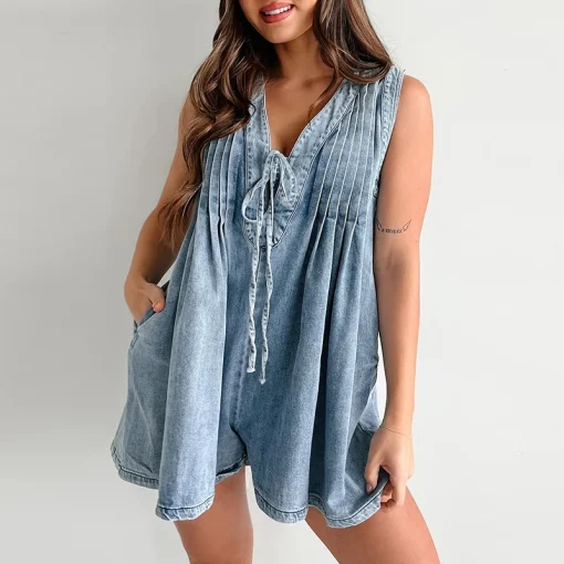 kf S4390c23bf895452ca281dbff02956960G Sexy Deep V Neck Lace up Pleat Denim Rompers Women Spring Solid Loose Short Jumpsuit Playsuits