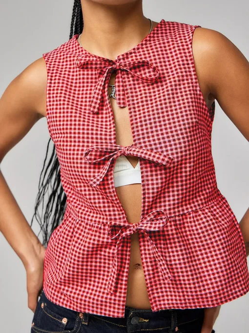 kf S44fdb396d83c4341927752673329fbc3z Summer Women Y2k Plaid Bow Tie Front Open Tank Top Crop Sleeveless Lace Up Vest Babydoll