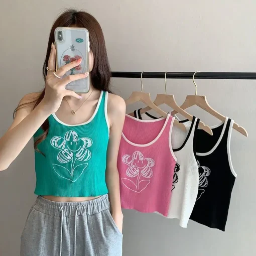 kf S45d1301e50064eb4bf6a9d0fa654d5808 Summer Clothes 2024 Women s Sleeveless Vest Embroidery Floral Tank Tops Korean Casual Cute Crop Top