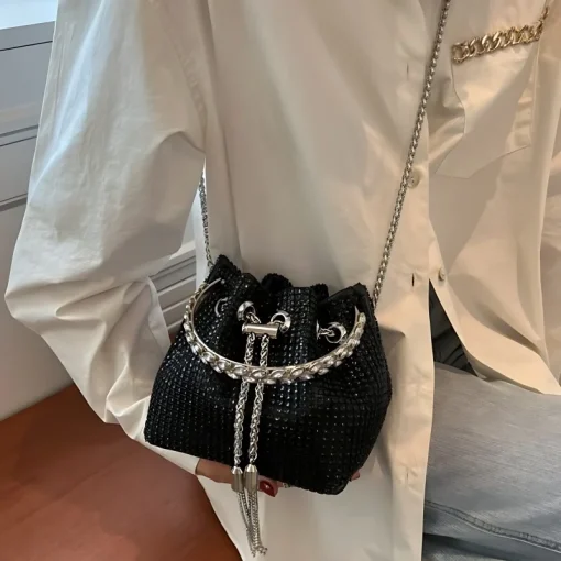 kf S463ace82a9e74488a2c102da58d839f97 Full Shiny Rhinestone Bucket Bag Fashion Senior Drawstring Banquet Bag Ladies Evening Single Shoulder Chain Bag