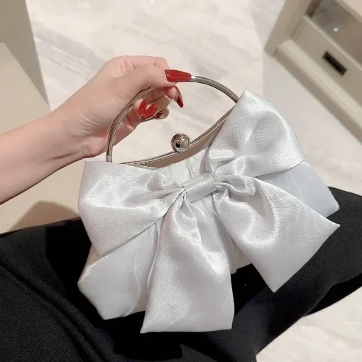 kf S46f60eb208714e9aa042a51bc4aad153Q White Satin Bow Fairy Evening Bags Clutch Metal Handle Handbags for Women Wedding Party Bridal Clutches