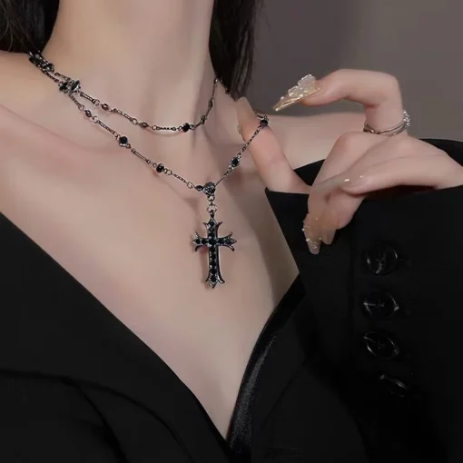 Gothic Black Rhinestone Cross Pendant Choker Necklace for Women | Punk Vintage Double Layer Chain Jewelry