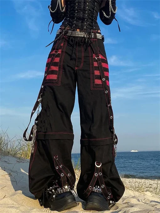 kf S482ad299ea264d8d97a5e1da3773ca96q Fashion Women Harajuku Goth Pants Wide Leg Low Waist Baggy Cargo Pants Grunge Chain Trousers Y2K