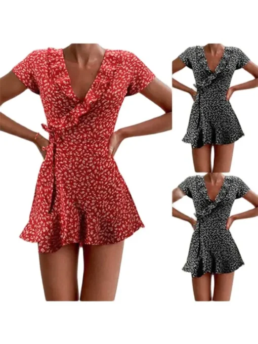 Floral A-line Dress for Women – Sweet & Elegant V-neck, Ruffled Bandage Mini Dress, Summer 2022 - Image 6