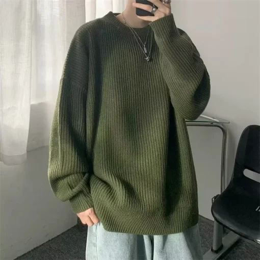 2025 Autumn Crew Neck Solid Color Pullover Sweater for Men | Casual Y2K High Street Knitted Jumper