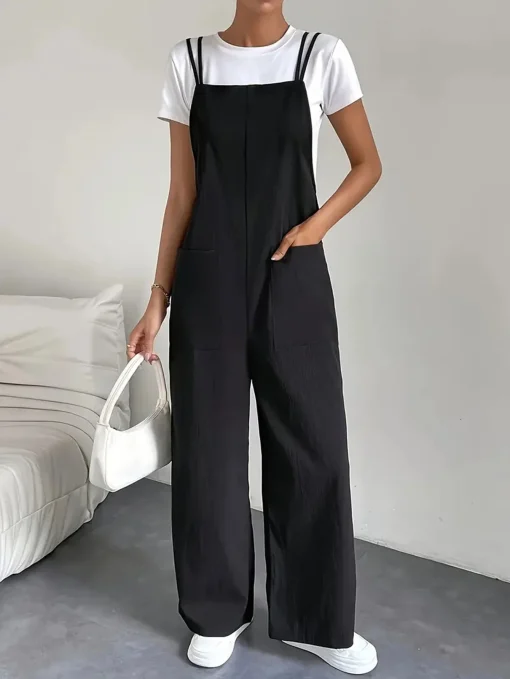 kf S49e6ea357f8f4e1badbb585cbb4c22bch Fashion casual women s pure black jumpsuit pants with pockets shoulder straps thin straight leg workwear