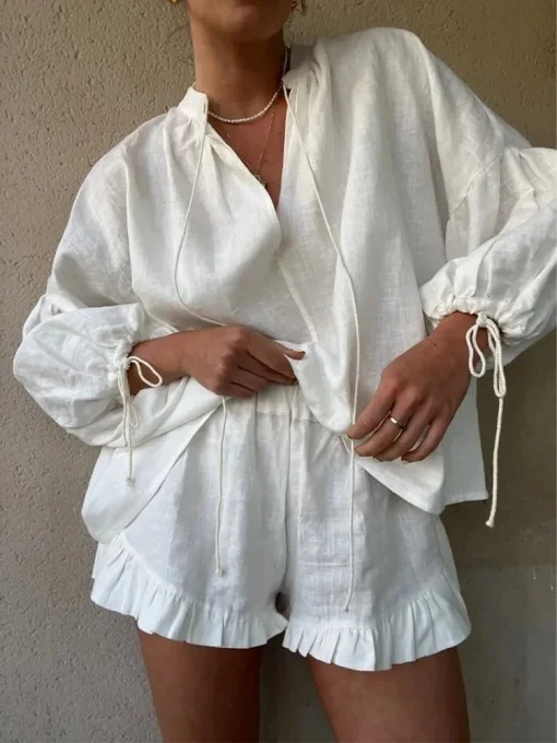 kf S4a7111c9f958409f934e1977e6c868465 Cotton Linen Women Shorts Suit V neck Long Sleeve Loose Shirt High Waist Wide Leg Short