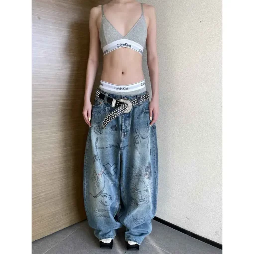 kf S4ac04723df6749b7a30db287e726fd84t Fashion Hip Hop Harajuku New Harem Pants Men Loose Wide Legs Hand Painted Graffiti Blue Jeans