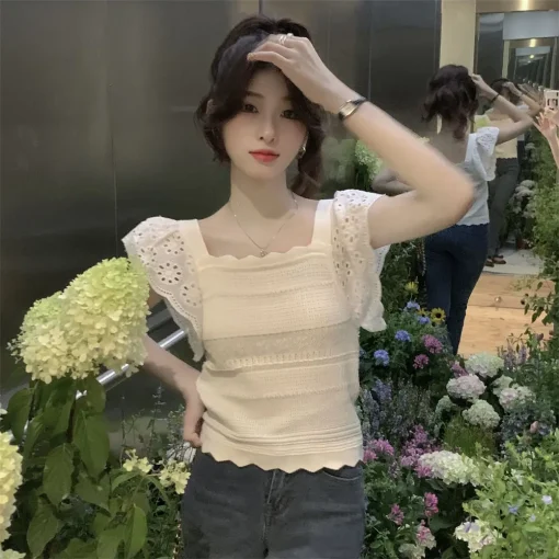 kf S4afa94de6f454f0f8fb9de5f4fda717cm Summer 2024 Kawaii Women s Knit Vintage Butterfly Sleeve T shirt Female Square Collar Cute Short