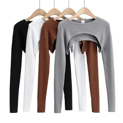 kf S4b1e35fddf854c68ac77d6834f2bef6bQ Sexy Elegant Super Short Long Sleeve T shirts Women s Cropped Top Ladies Solid Vintage Crop