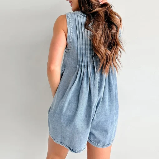 kf S4b651321277f4987a02b3ffbd7596f23g Sexy Sleeveless Pleated Summer Denim Playsuit 2024 Women s V neck Lace Up Pocket Jumpsuit Casual