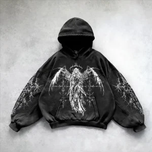 Ethereal Edge: Harajuku Gothic Skull Hoodie with Goddess Print